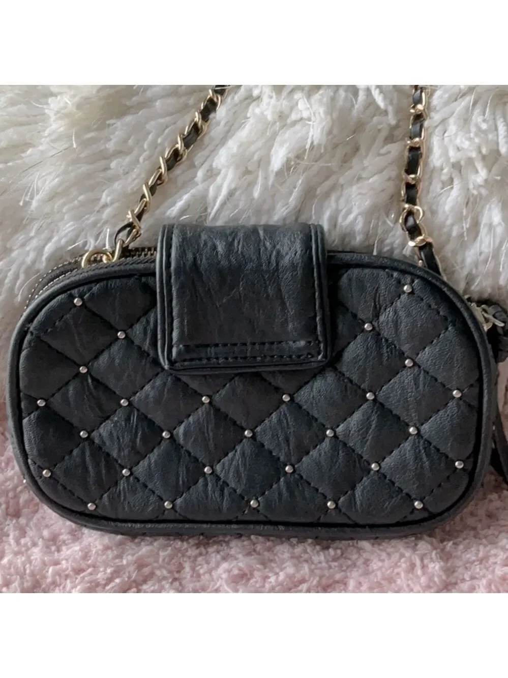 Bebe Black Arm Bag with Gold and Leather Strap